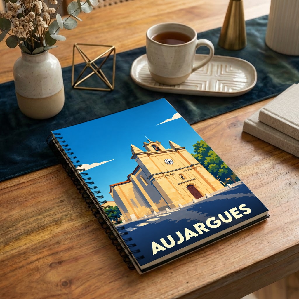 Carnet à spirales souvenir de la ville d'Aujargues avec une illustration stylisée de son église.