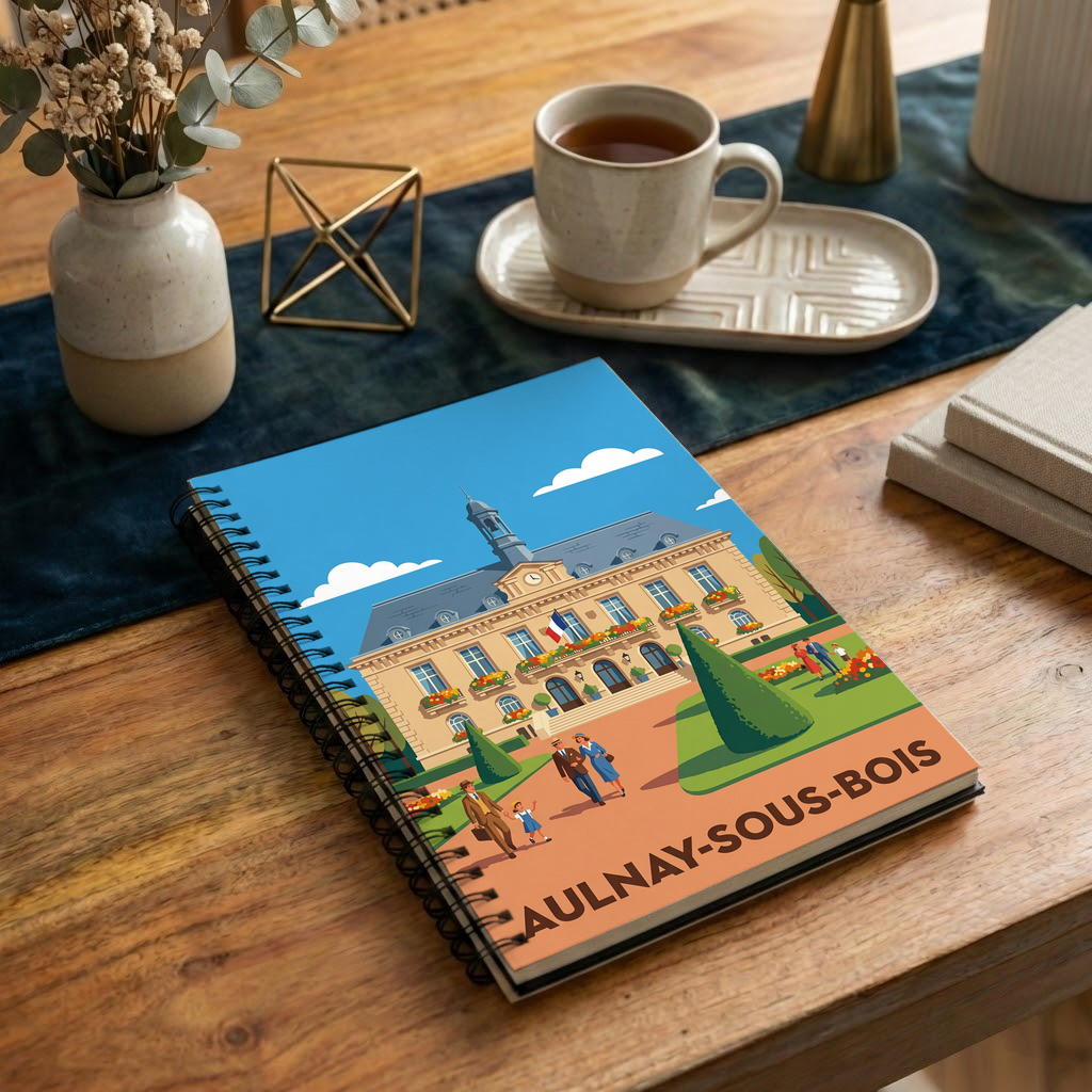 Carnet souvenir de la ville d'Aulnay-sous-Bois avec une illustration stylisée.