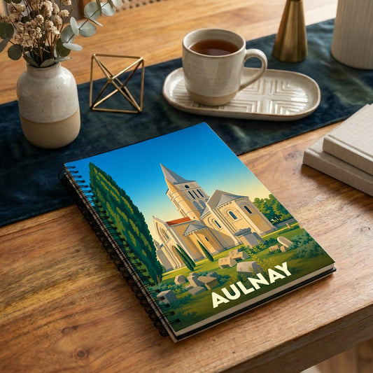 Carnet souvenir de la ville d'Aulnay avec une illustration stylisée de son église romane.