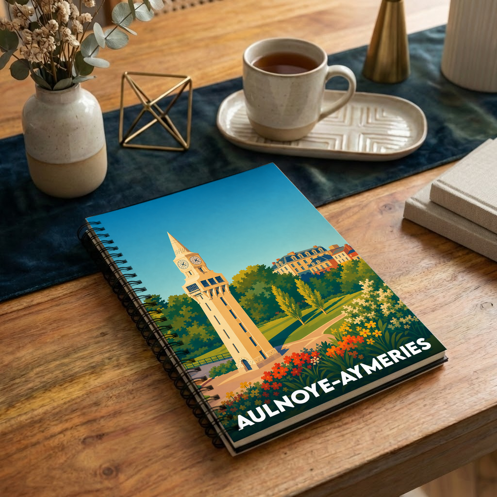 Carnet souvenir de la ville de Aulnoye-Aymeries avec une illustration stylisée de sa tour horloge.