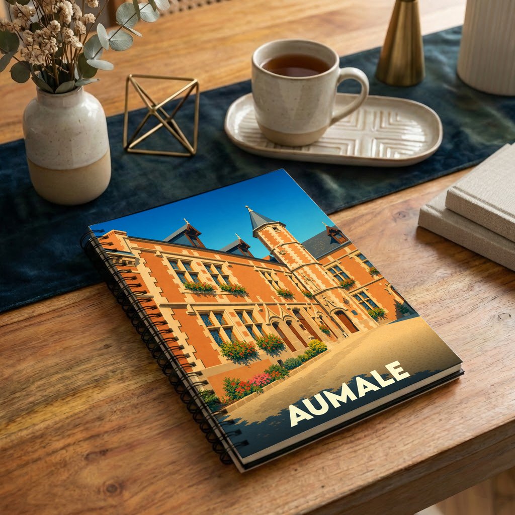 Carnet souvenir de la ville d'Aumale avec une illustration stylisée de son architecture.