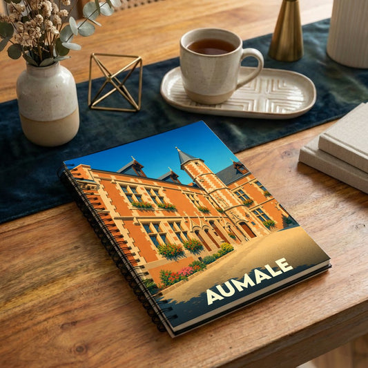 Carnet souvenir de la ville d'Aumale avec une illustration stylisée de son architecture.