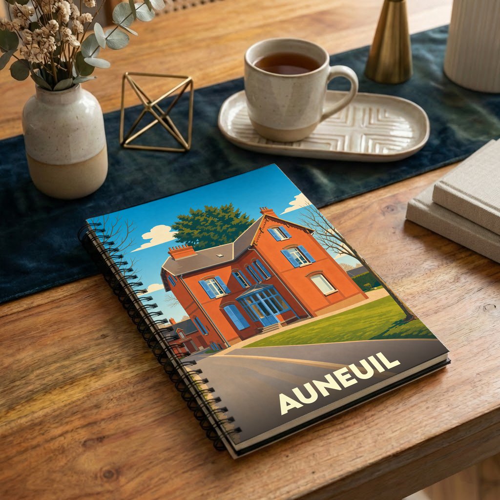 Carnet de notes souvenir de la ville d'Auneuil avec une illustration stylisée d'une maison bourgeoise.