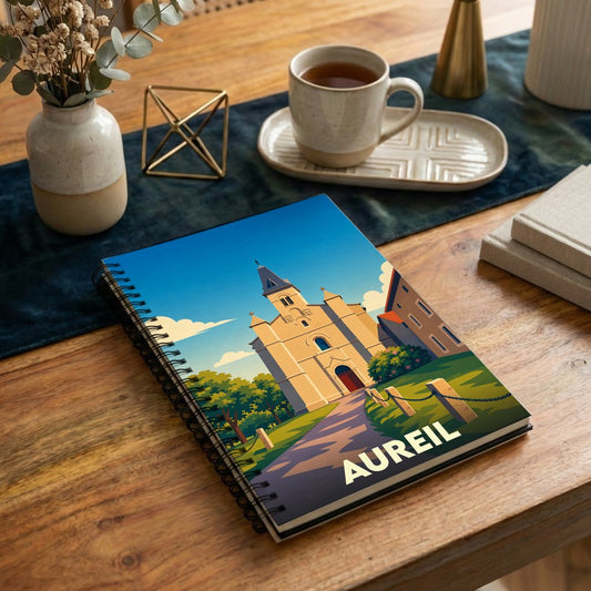 Carnet à spirales souvenir de la ville d'Aureil avec une illustration stylisée de son église.