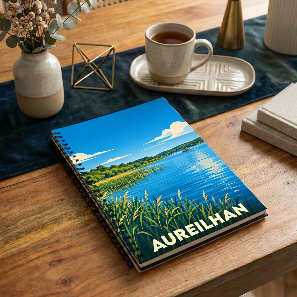 Carnet à spirales souvenir d'Aureilhan illustré d'une vue stylisée de son lac et de sa végétation sauvage.