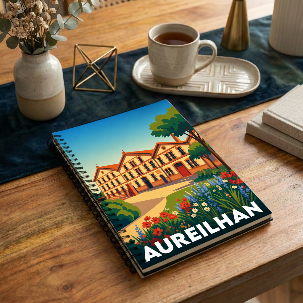 Carnet souvenir de la ville d'Aureilhan avec une illustration stylisée d'un bâtiment historique et d'un jardin fleuri.