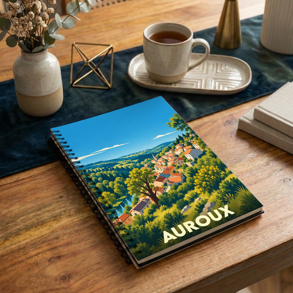 Carnet souvenir de la ville d'Auroux avec une illustration stylisée de son paysage vallonné.