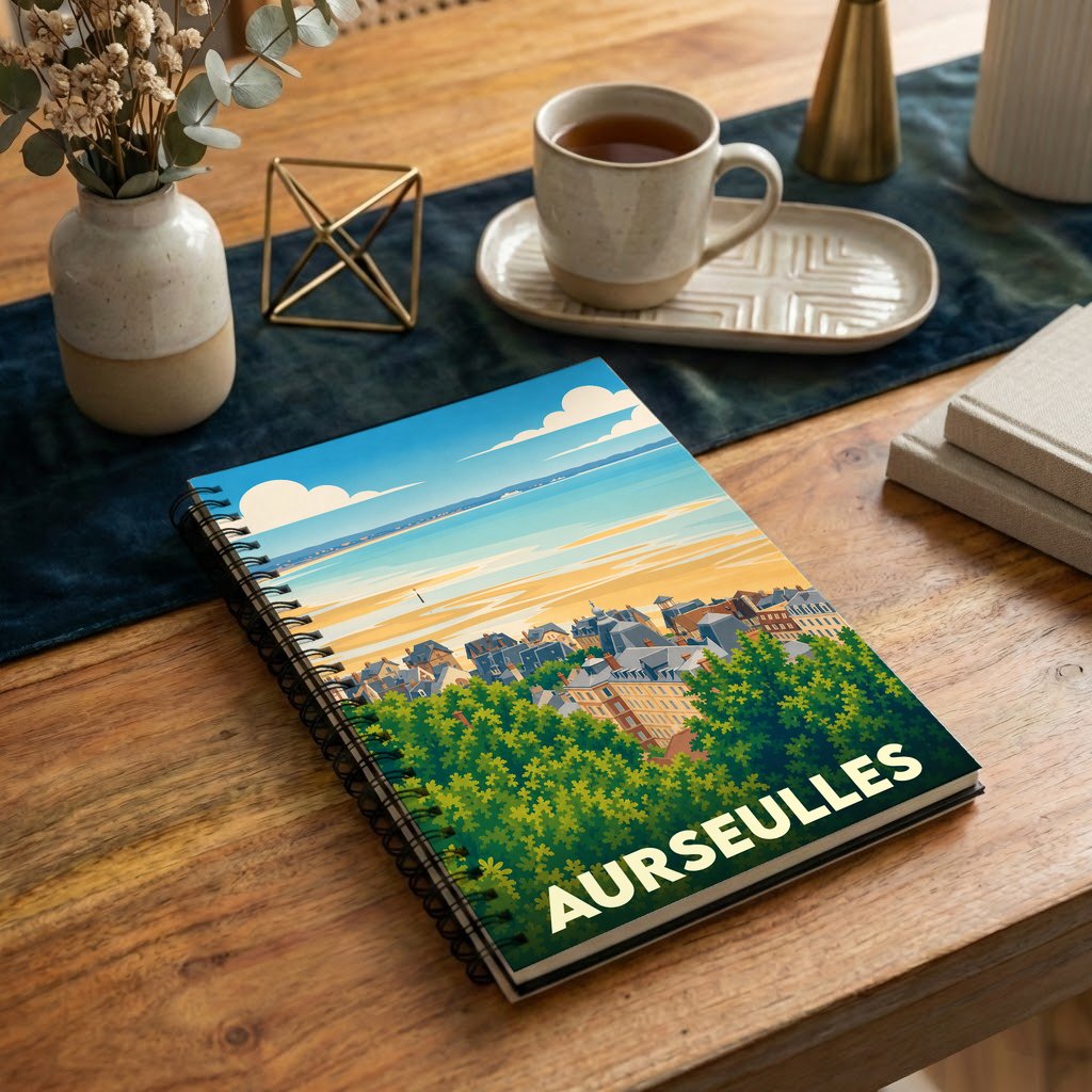 Carnet à spirale souvenir de la ville d'Aurseulles avec une illustration stylisée de son paysage côtier.
