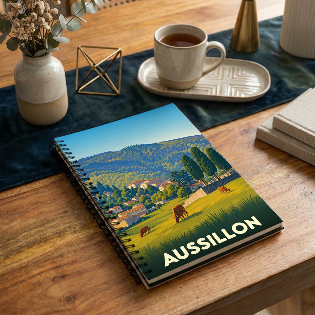 Carnet à spirales souvenir de la ville d'Aussillon avec une illustration stylisée de paysages et de pâturages.