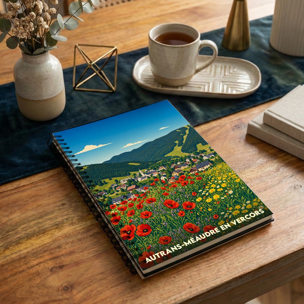 Carnet à spirales souvenir d'Autrans-Méaudre en Vercors illustré d'un paysage de montagne et d'un champ de coquelicots.