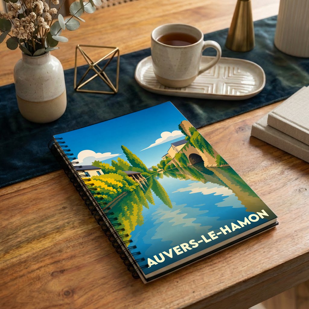 Carnet souvenir de la ville d'Auvers-le-Hamon avec une illustration stylisée d'un paysage fluvial.