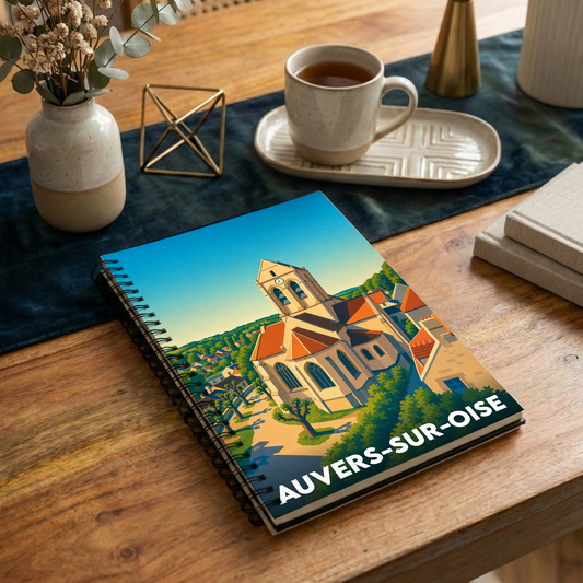 Carnet souvenir de la ville de Auvers-sur-Oise illustré d'une vue stylisée de son église.