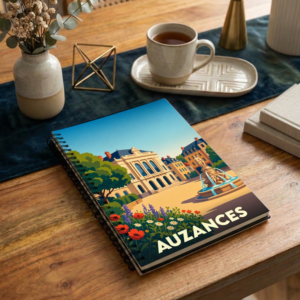 Carnet souvenir de la ville d'Auzances avec une illustration stylisée de sa place principale.