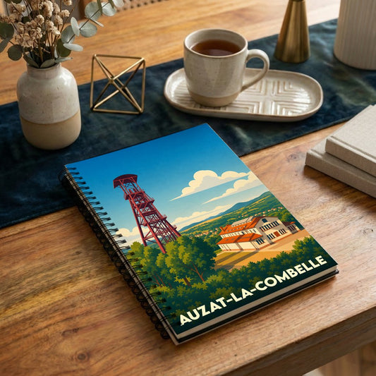 Carnet souvenir de la ville d'Auzat-la-Combelle avec une illustration stylisée de son chevalement minier.