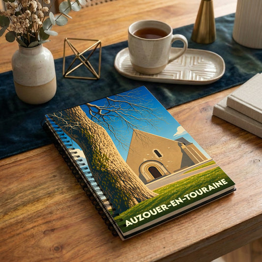 Carnet à spirales souvenir d'Auzouer-en-Touraine illustré d'un dessin stylisé de son église et d'un grand arbre.