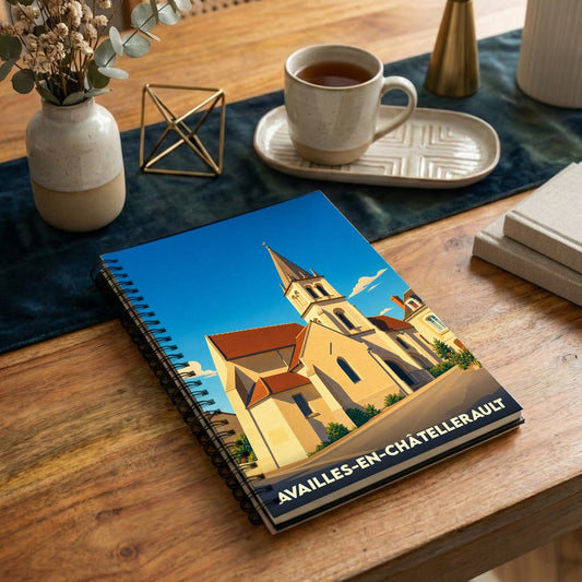 Carnet à spirales souvenir de la ville de Availles-en-Châtellerault avec une illustration stylisée de son église.