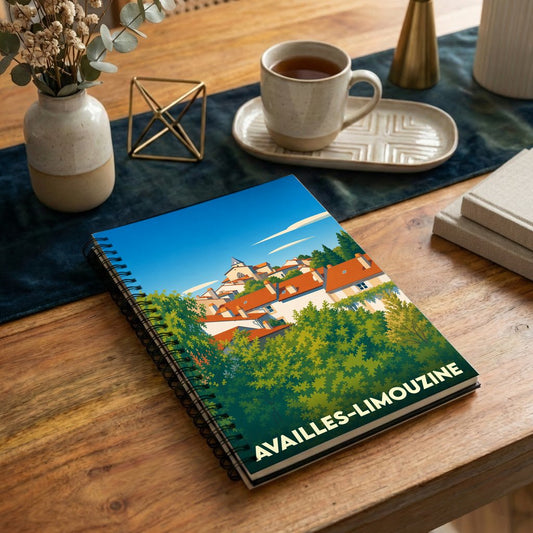 Carnet à spirales souvenir d'Availles-Limouzine orné d'une illustration stylisée du village niché dans la verdure.