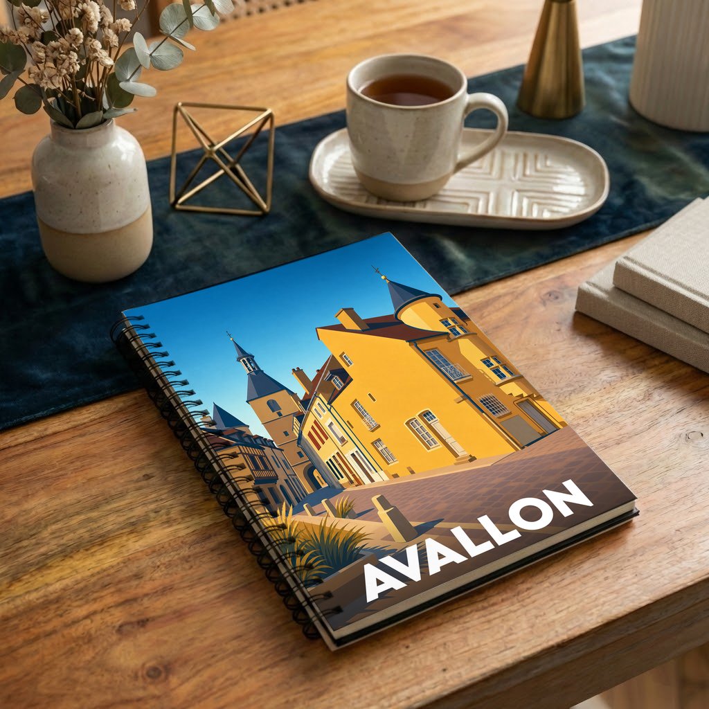 Carnet souvenir de la ville d'Avallon avec une illustration stylisée de son architecture historique.
