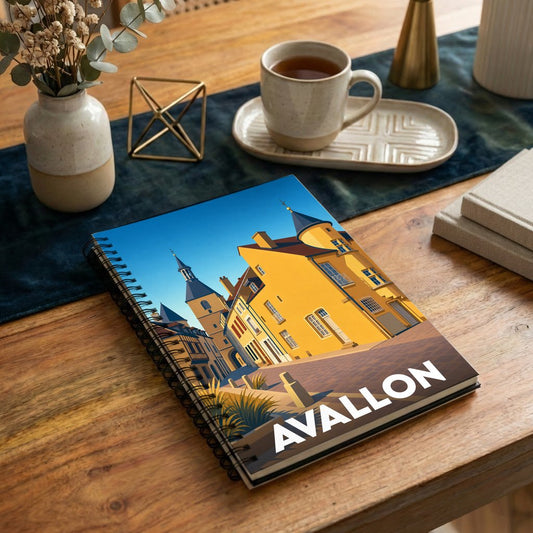 Carnet souvenir de la ville d'Avallon avec une illustration stylisée de son architecture historique.