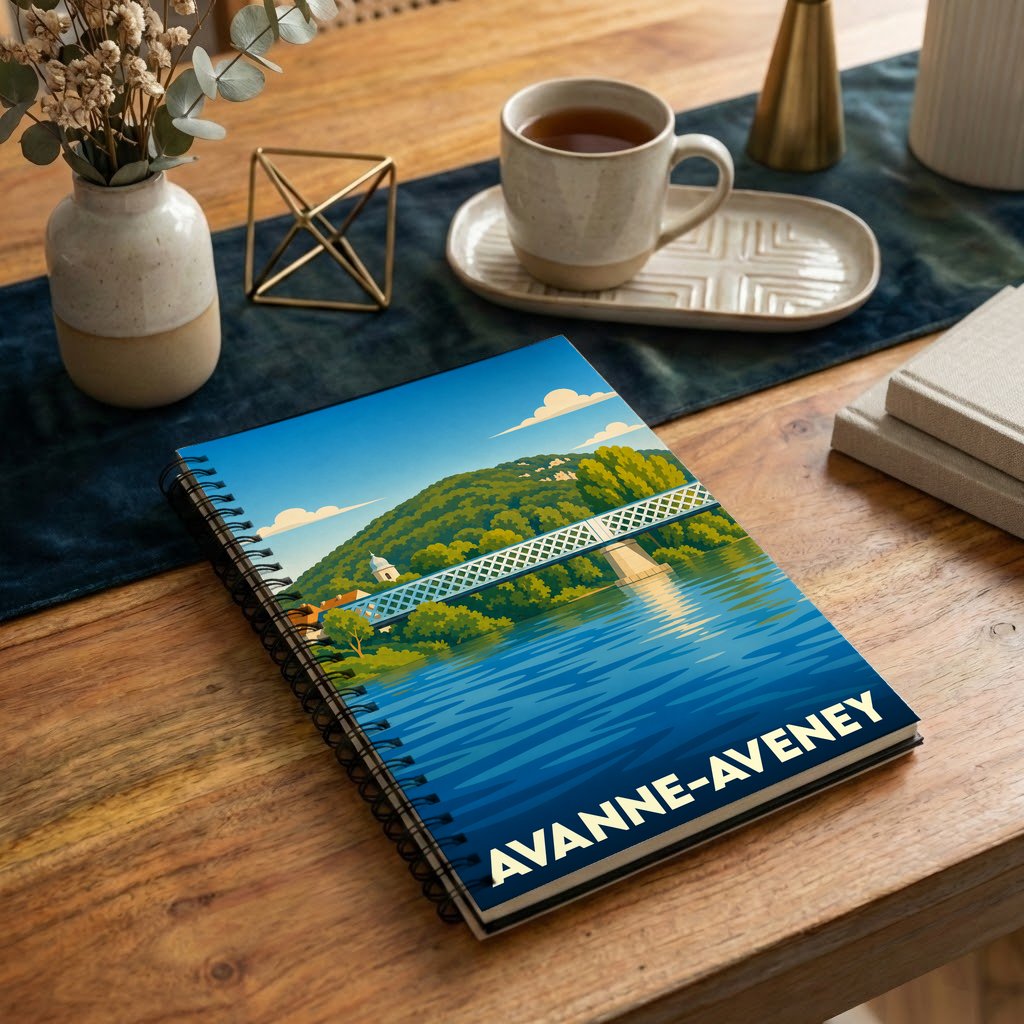 Carnet à spirales souvenir de la ville d'Avanne-Aveney avec une illustration stylisée de son pont et de la rivière.