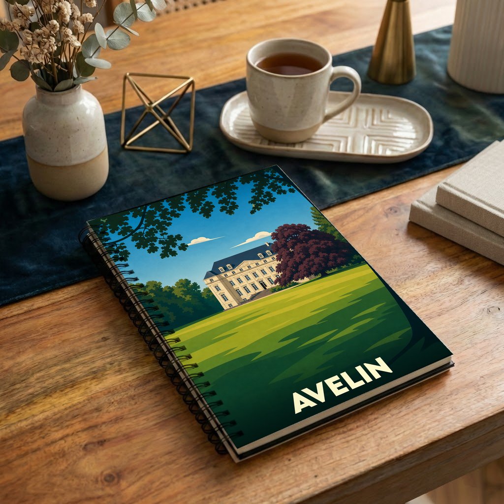 Carnet souvenir de la ville de Avelin avec une illustration stylisée représentant un château.