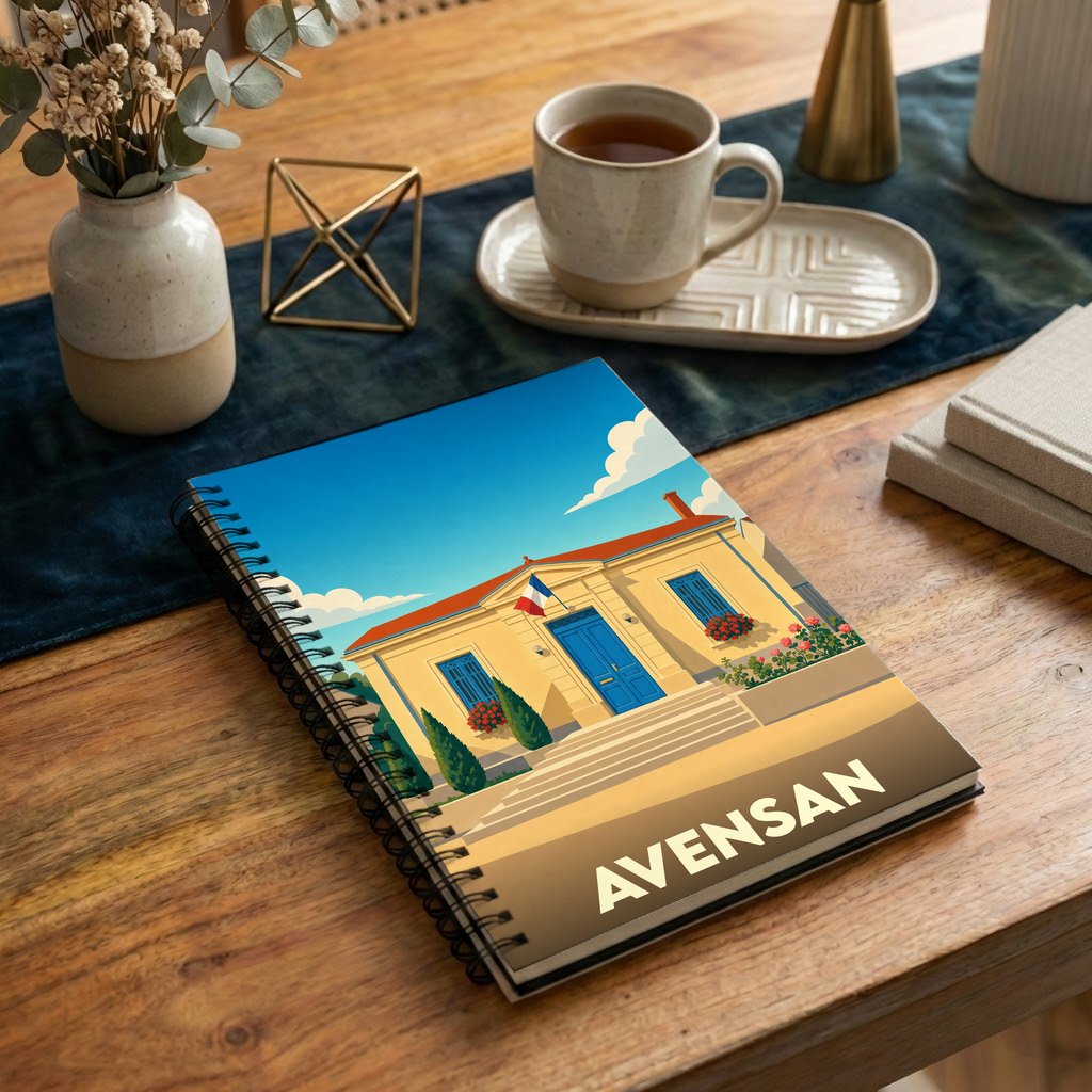 Carnet à spirale souvenir de la ville d'Avensan avec une illustration stylisée de sa mairie sous un ciel bleu.