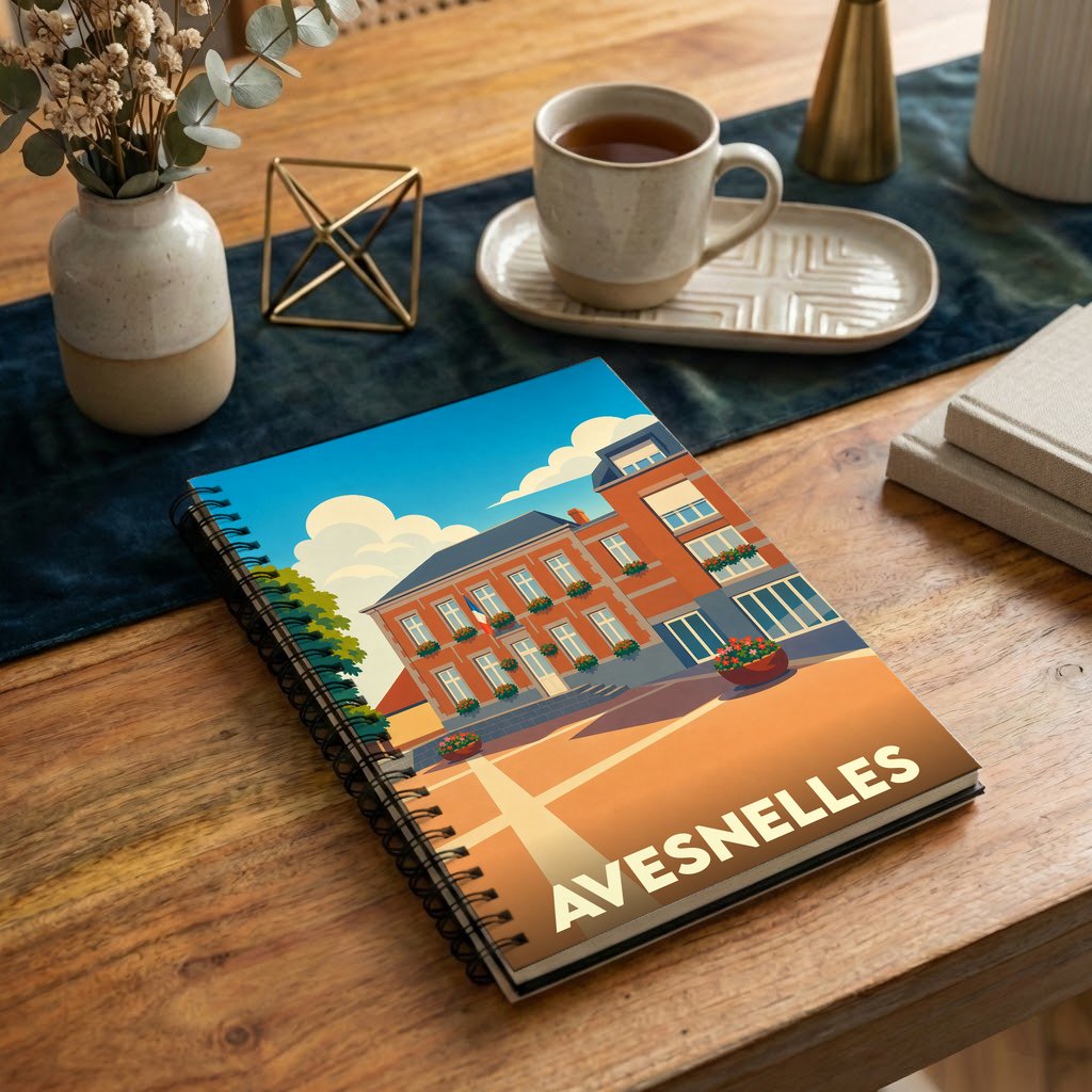 Carnet à spirales souvenir de la ville d'Avesnelles avec une illustration stylisée de son architecture locale.