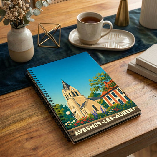 Carnet à spirales souvenir de la ville de Avesnes-les-Aubert avec une illustration stylisée de son église.