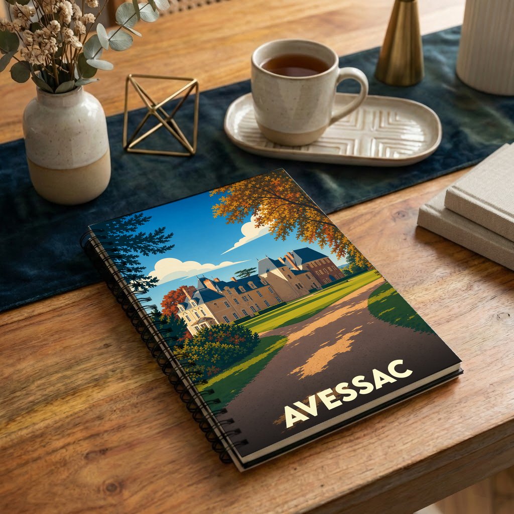 Carnet souvenir de la ville d'Avessac avec une illustration stylisée d'un château en automne.
