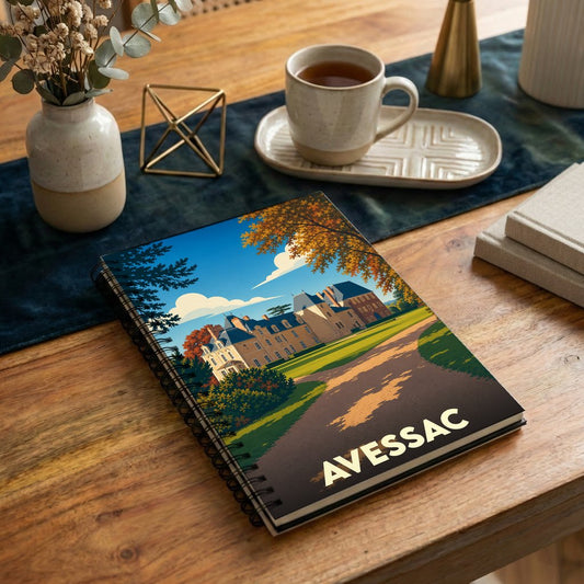 Carnet souvenir de la ville d'Avessac avec une illustration stylisée d'un château en automne.