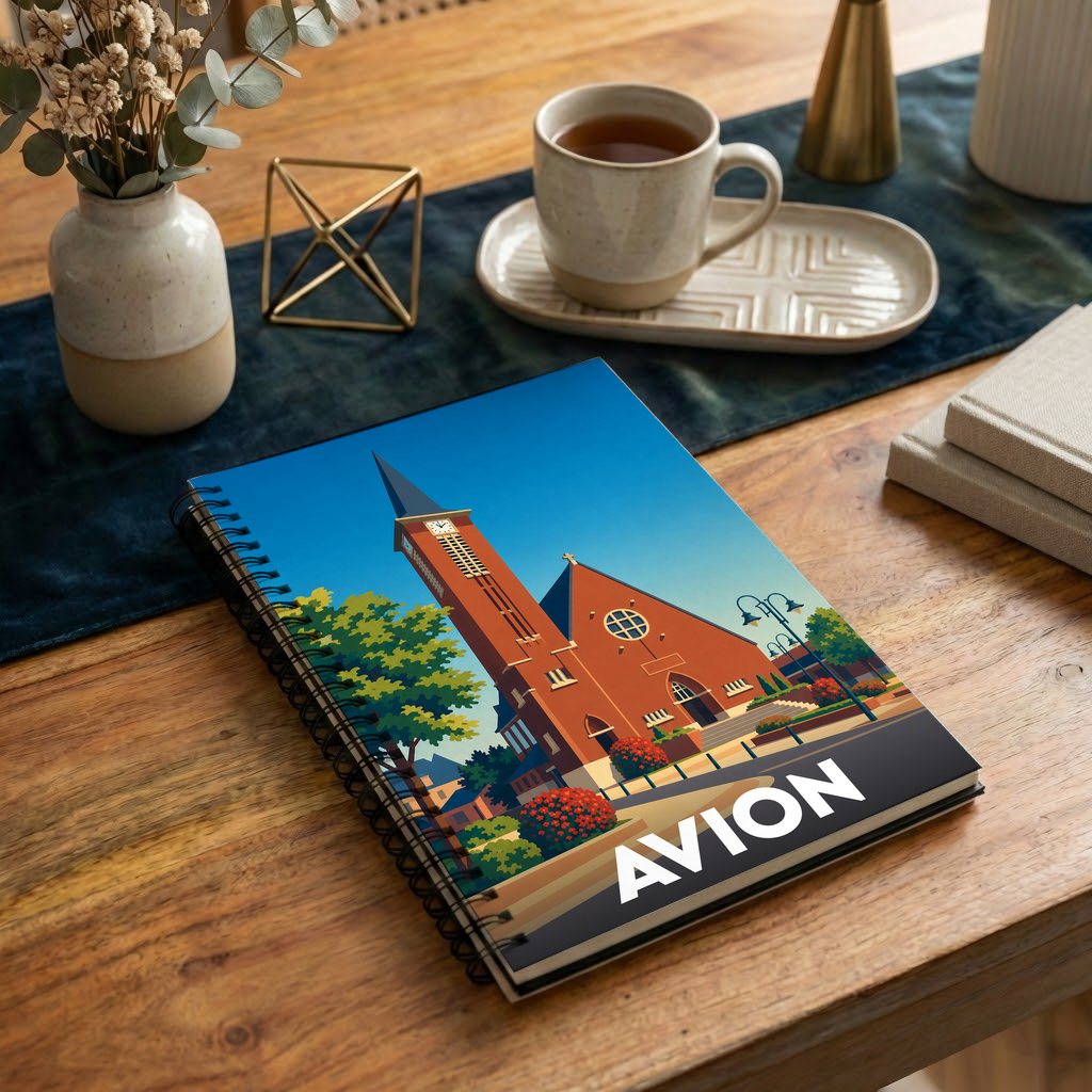 Carnet à spirales souvenir de la ville d'Avion avec une illustration stylisée de son église.