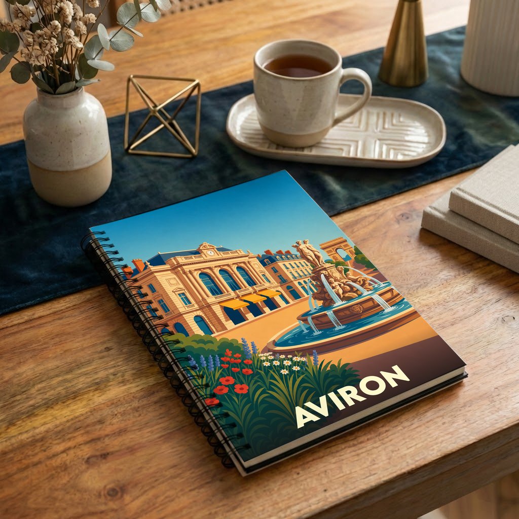 Carnet souvenir de la ville d'Aviron avec une illustration stylisée représentant une place animée et sa fontaine.