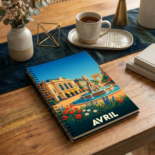 Carnet de notes souvenir de la ville de Montpellier avec une illustration stylisée de la place de la Comédie.