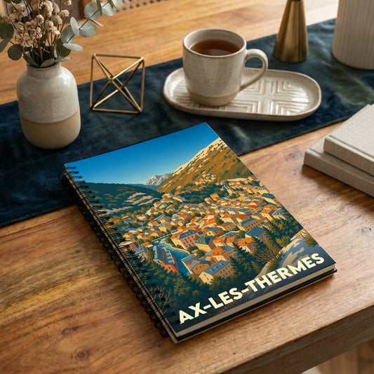 Carnet à spirales souvenir de la ville d'Ax-les-Thermes avec une illustration stylisée de ses paysages montagneux.