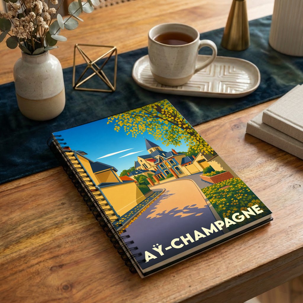 Carnet souvenir de la ville d'Aÿ-Champagne avec une illustration stylisée et colorée.