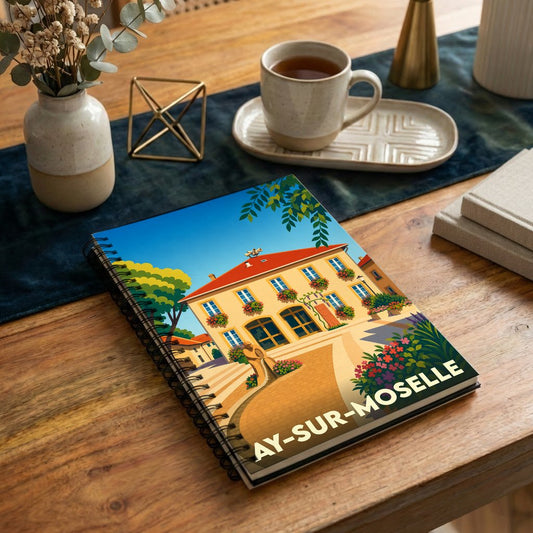 Carnet souvenir de la ville de Ay-sur-Moselle avec une illustration stylisée et colorée.