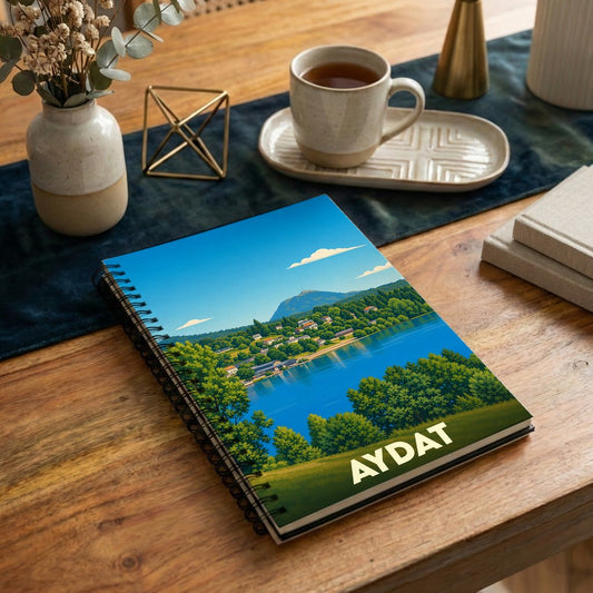 Carnet à spirales souvenir de la ville d'Aydat avec une illustration stylisée de son lac et des montagnes environnantes.