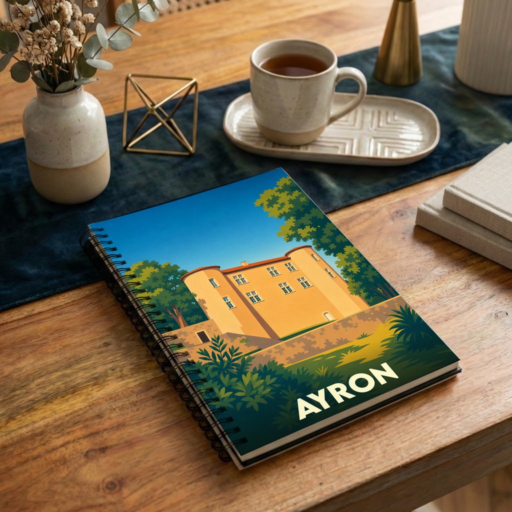 Carnet souvenir de la ville d'Ayron avec une illustration stylisée de son château.