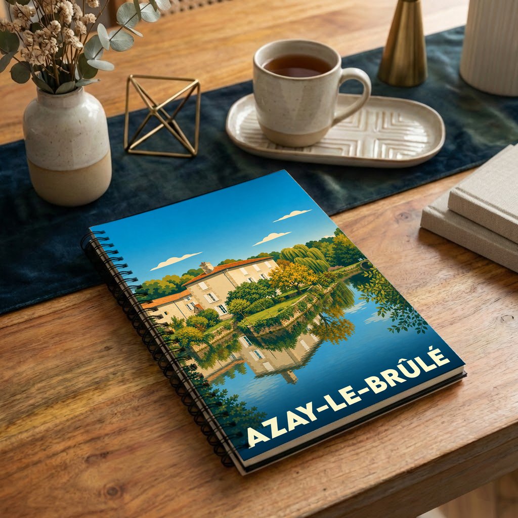 Carnet souvenir de la ville d'Azay-le-Brûlé avec une illustration stylisée de son patrimoine au bord de l'eau.