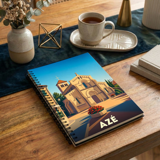 Carnet souvenir de la ville d'Azé avec une illustration stylisée de son église sous un ciel bleu.