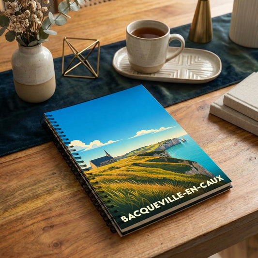 Carnet à spirales souvenir de la ville de Bacqueville-en-Caux illustré d'un paysage côtier stylisé.