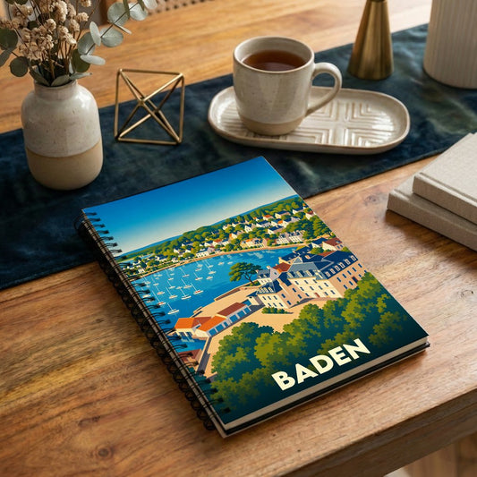 Carnet à spirales souvenir de la ville de Baden avec une illustration stylisée de son port.