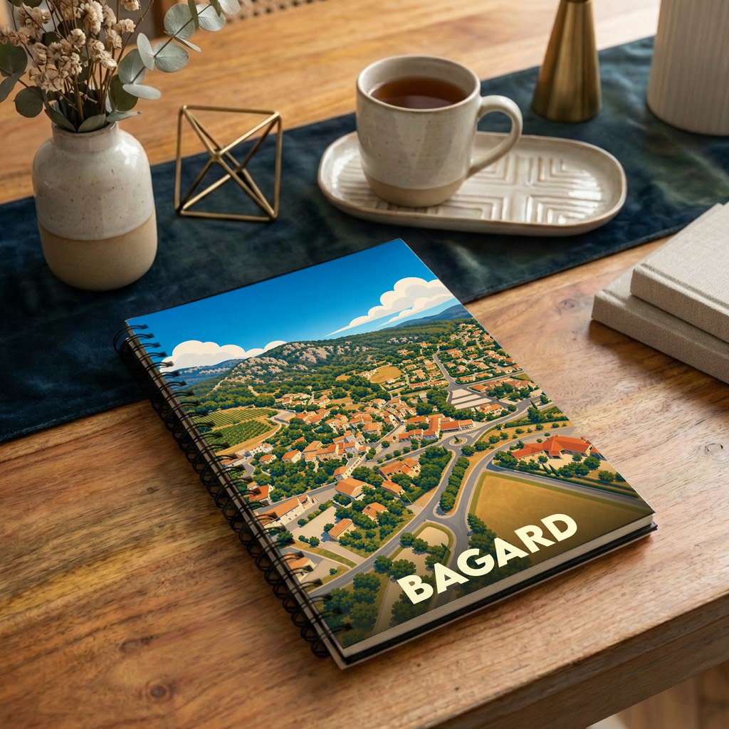 Carnet souvenir de la ville de Bagard avec une illustration stylisée d'un paysage urbain.