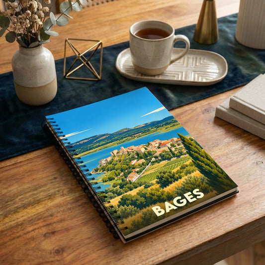 Carnet à spirales souvenir de la ville de Bages avec une illustration stylisée d'un paysage méditerranéen.