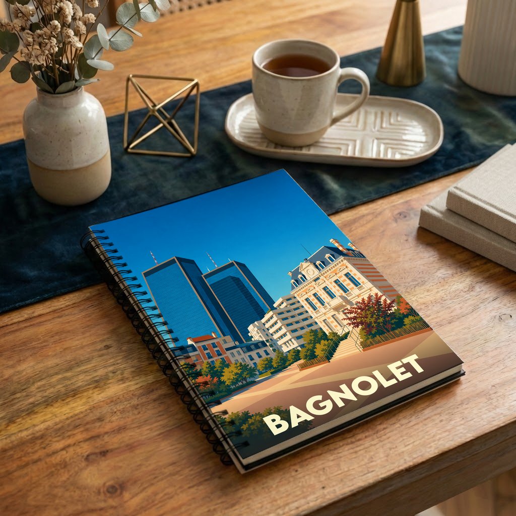 Carnet à spirales souvenir de la ville de Bagnolet avec une illustration urbaine stylisée.