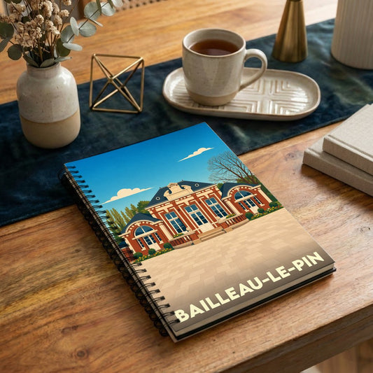 Carnet à spirales souvenir de la ville de Bailleau-le-Pin avec une illustration stylisée de son architecture.