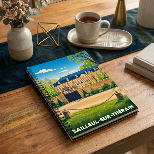 Carnet à spirales souvenir de la ville de Bailleul-sur-Thérain avec une illustration stylisée d'un château.