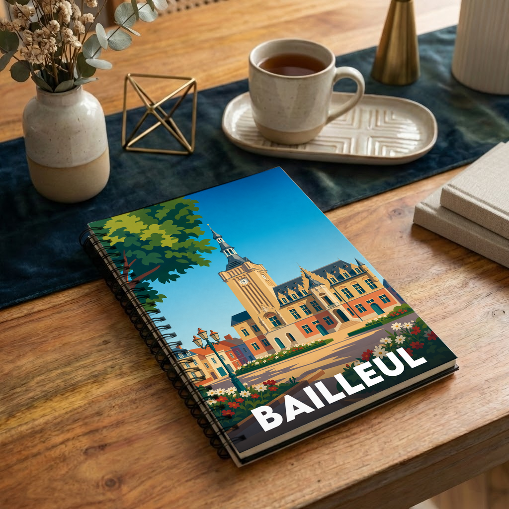 Carnet souvenir de la ville de Bailleul avec une illustration stylisée de son hôtel de ville.