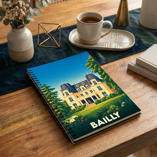 Carnet à spirales souvenir de la ville de Bailly avec une illustration stylisée de château.