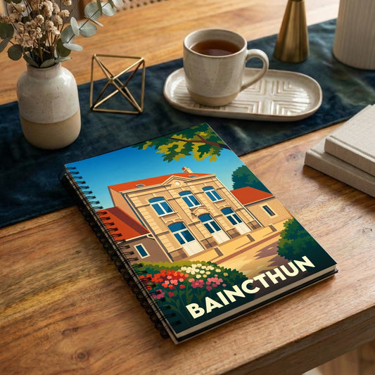 Carnet souvenir de la ville de Baincthun avec une illustration colorée et stylisée de son architecture.